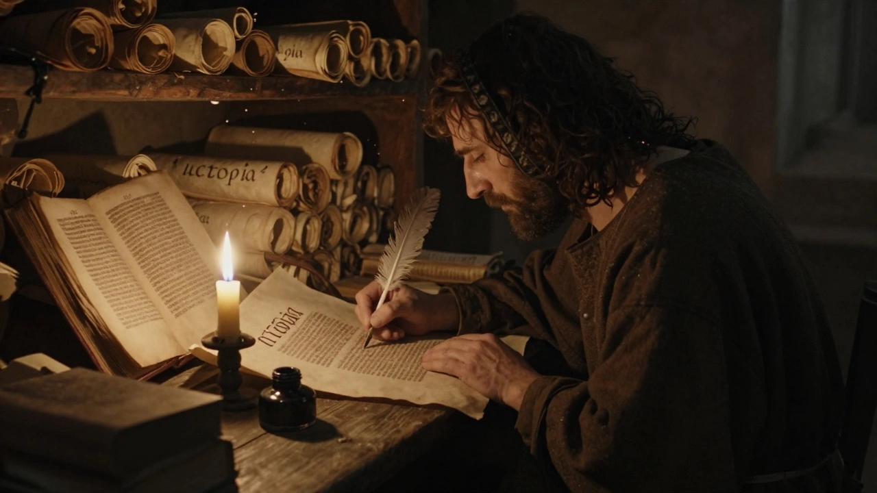 Монах в монастырской письменной комнате копирует слово 'исторія' на пергаменте.