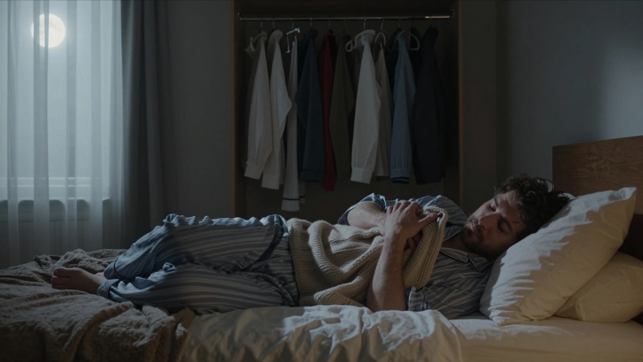 Мужчина лежит на кровати, держа свитер женщины, лунный свет за окном