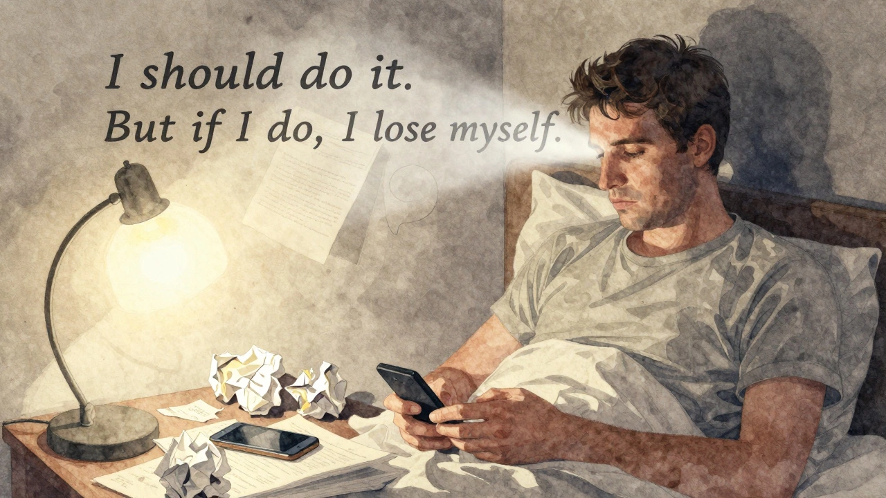 Мужчина один в комнате, вокруг него парят внутренние мысли: 'Я должен это сделать, но потеряю себя.'
