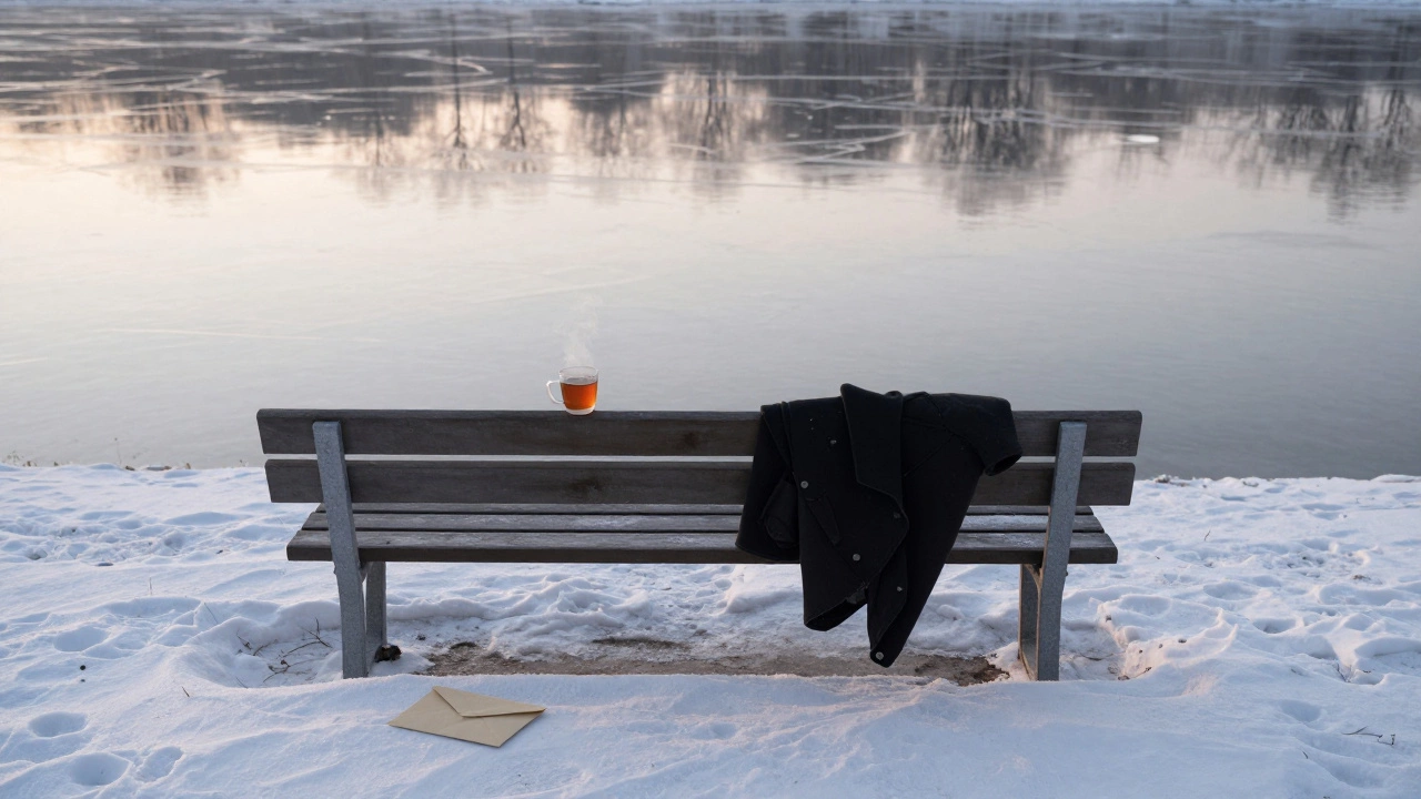 Пустая скамейка у реки с пальто и письмом в снегу, рассвет, тишина.