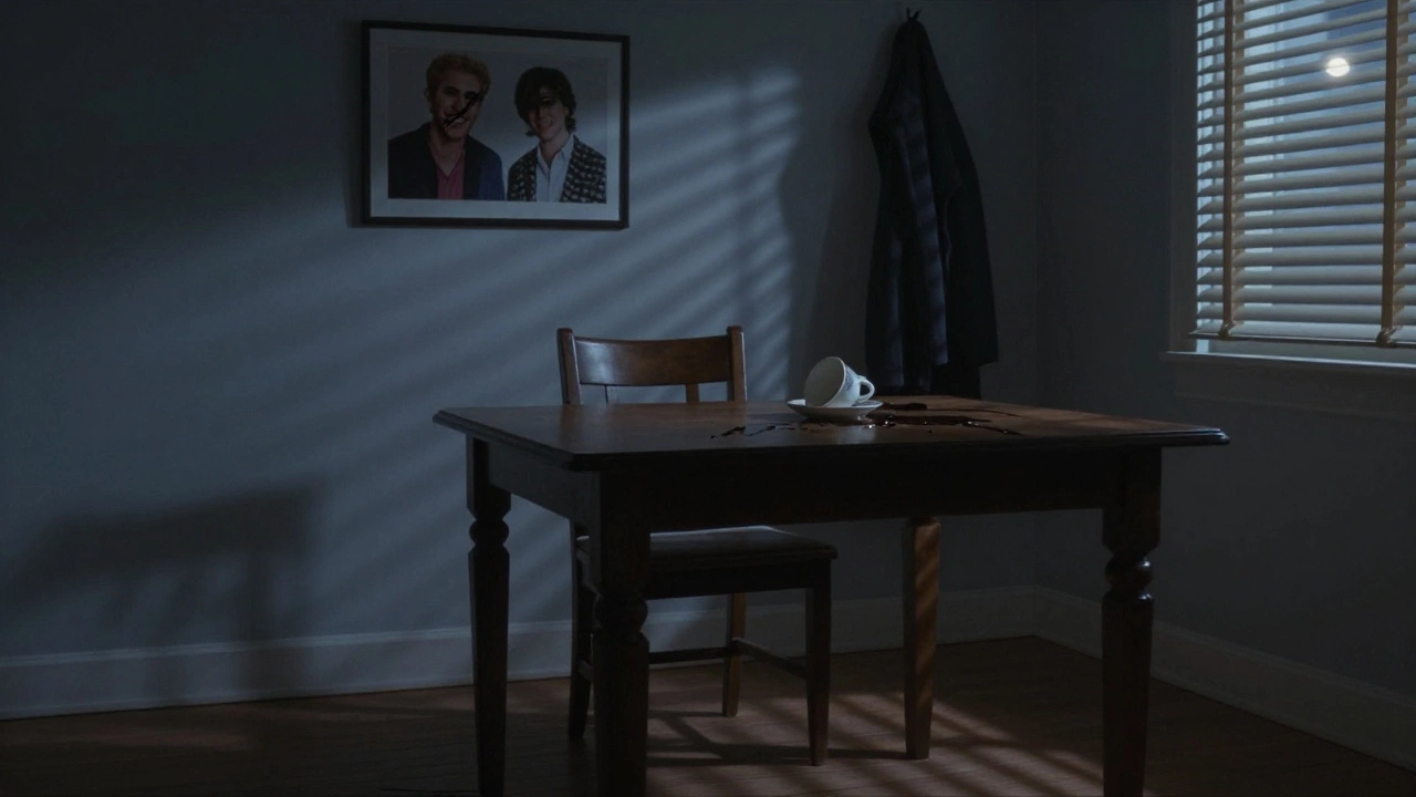 Пустой обеденный стол с опрокинутой чашкой, на стене — испорченная фотография.