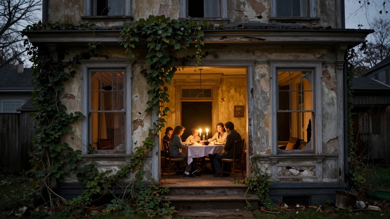 Разрушающийся дом с семейным столом внутри, полумрак и тени.
