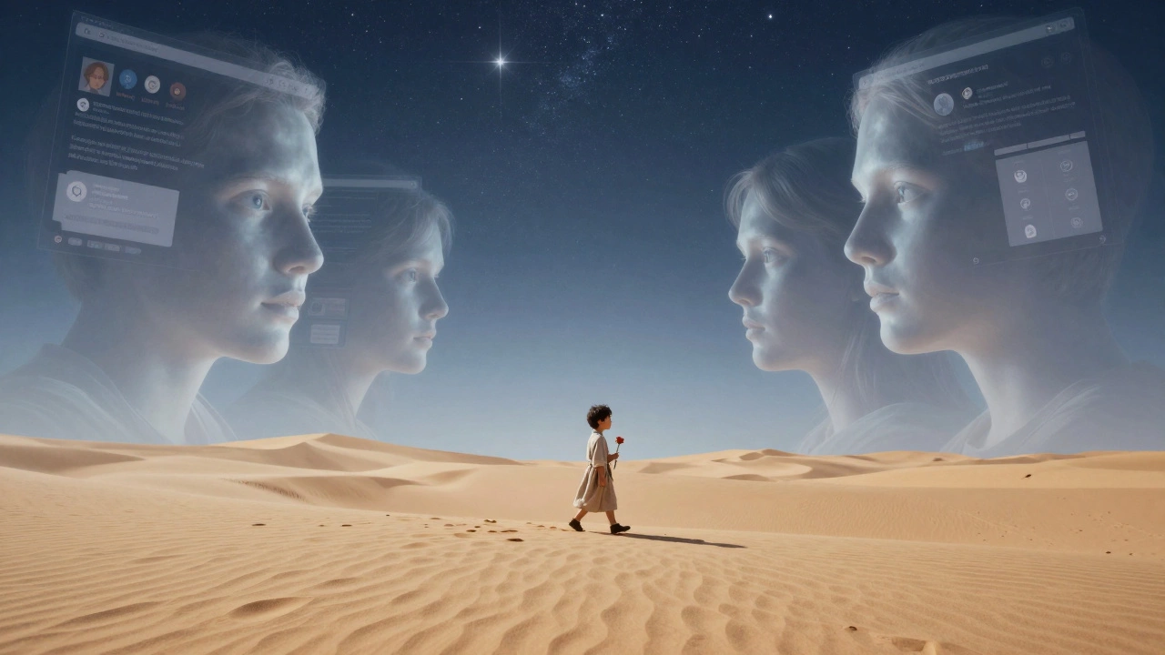 Ребёнок с розой идёт по пустыне под звёздным небом, вокруг — цифровые лица.