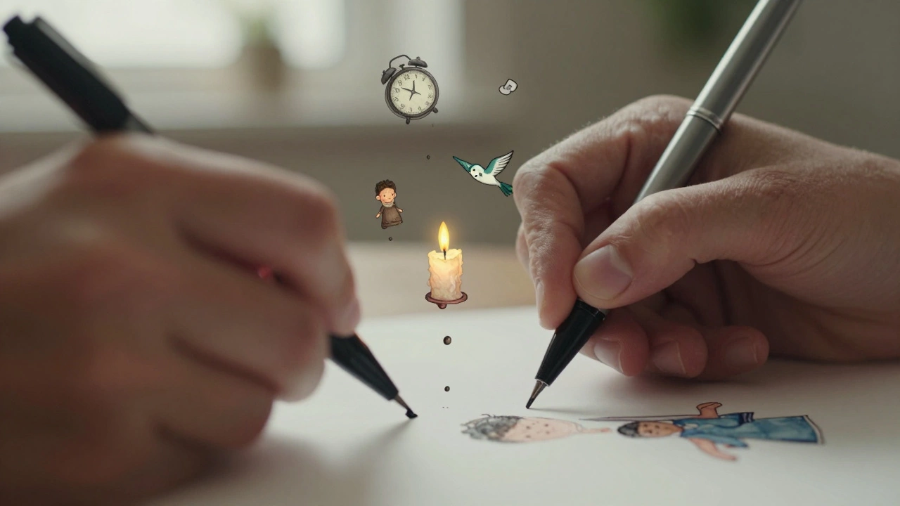 Руки пишут, капли чернил превращаются в крошечные образы радости, потери и надежды.