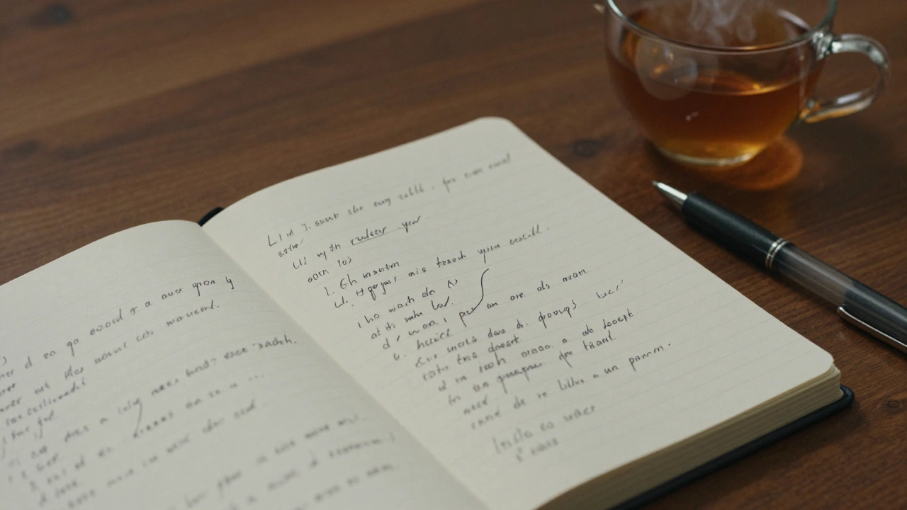 Рукописная тетрадь с исправленными диалогами и чашка чая на деревянном столе, мягкий свет вечернего времени.