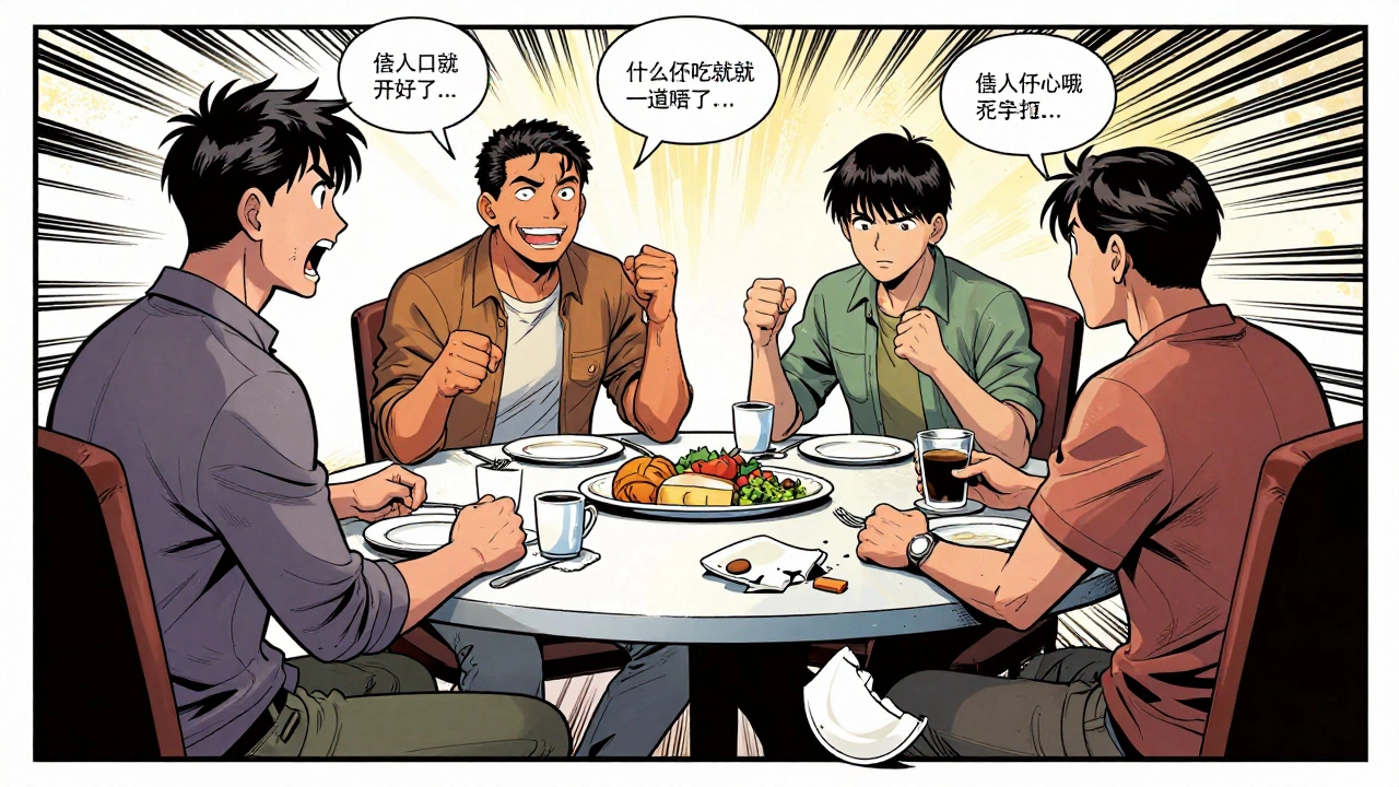 Семейный спор за столом: четверо персонажей говорят одновременно, один молчит, на полу разбитая тарелка.