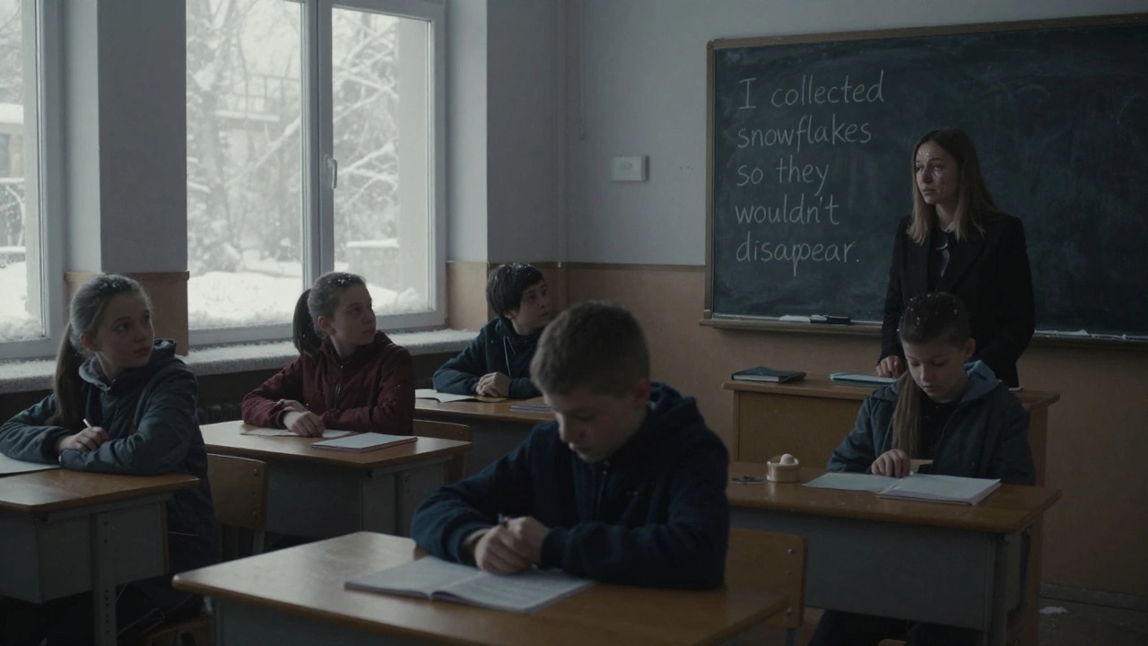 Школьники в классе пишут стихи о снеге, учитель смотрит на них с тихой грустью.