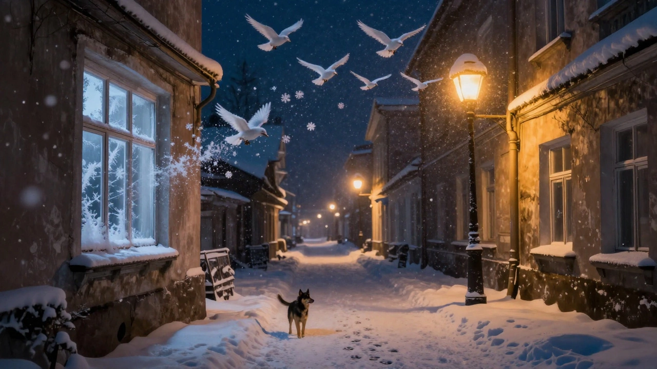 Снежинки превращаются в птиц, узоры мороза на окне — зимняя сказка.