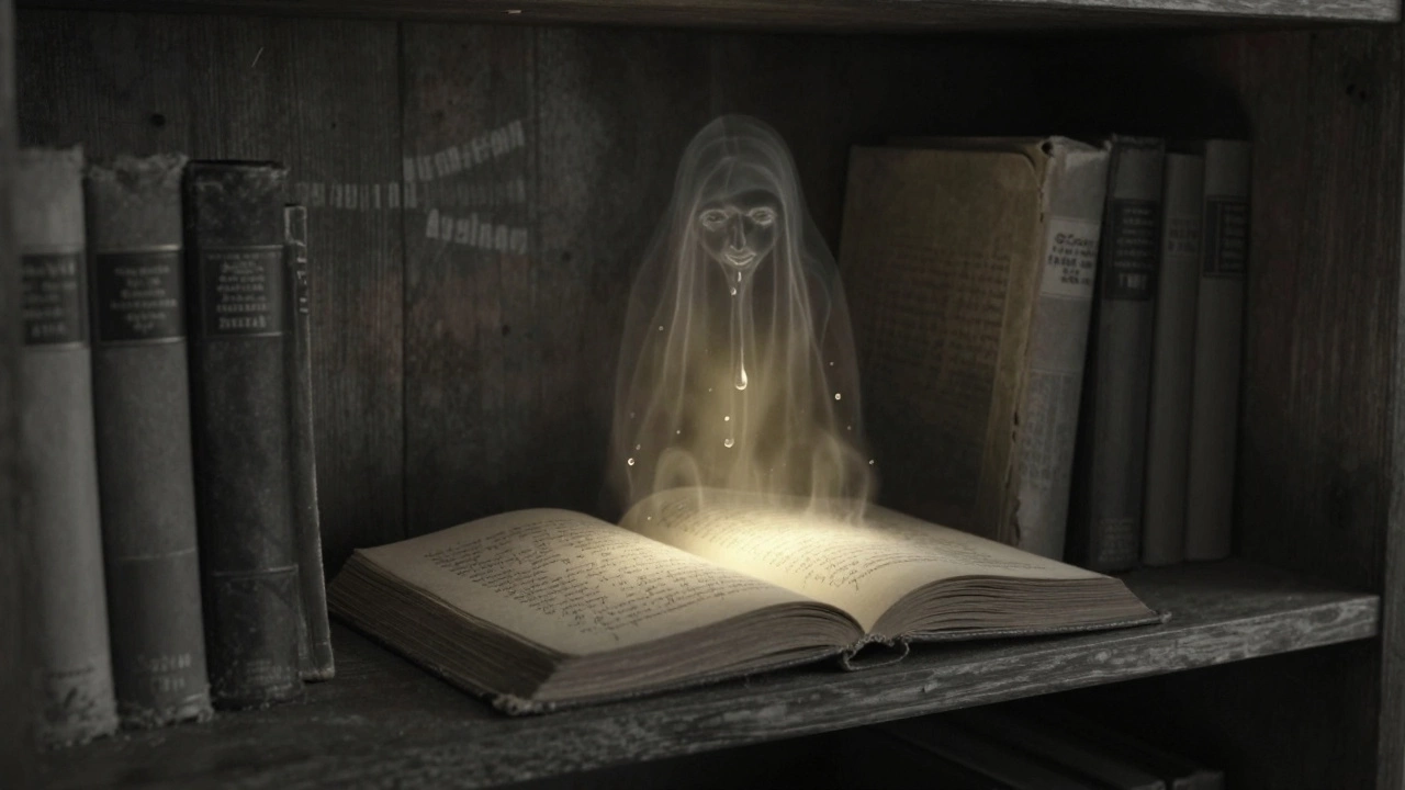 Старая книжная полка с glowing страницей, над которой парят прозрачные голоса выживших.