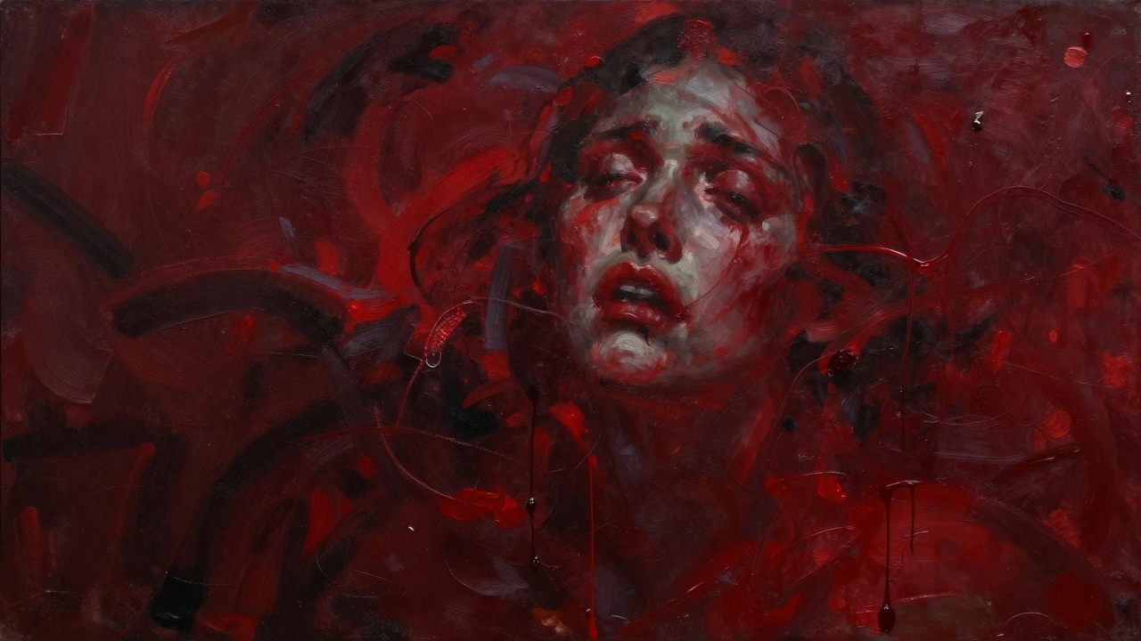 Абстрактная картина с бурными красными и черными мазками, как крик души.