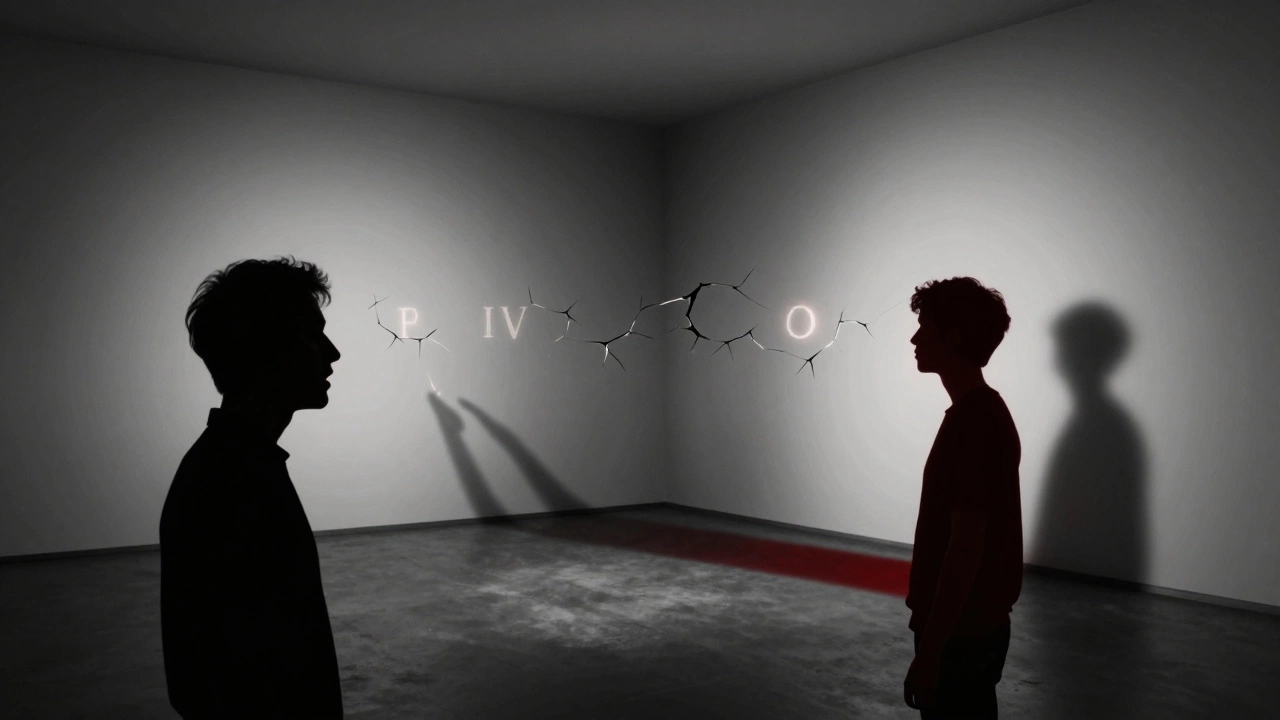 Две фигуры в пустой комнате: одна говорит, другая молчит, тени образуют слова.