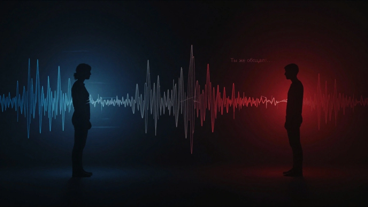 Две силуэта соединены хрупкими звуковыми нитями, часть слов растворяется в паузах — метафора невысказанного.