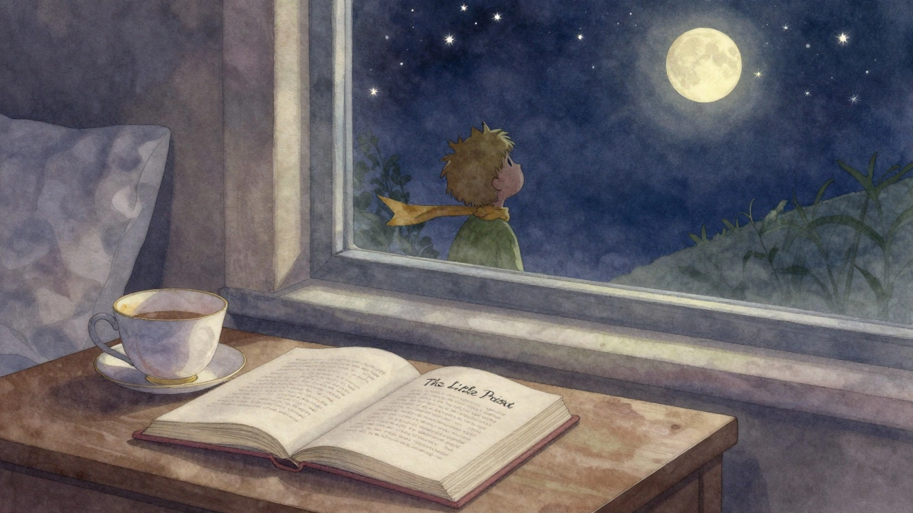 Книга 'Маленький принц' на тумбочке, а в окне — отражение ребёнка, смотрящего на звёзды.