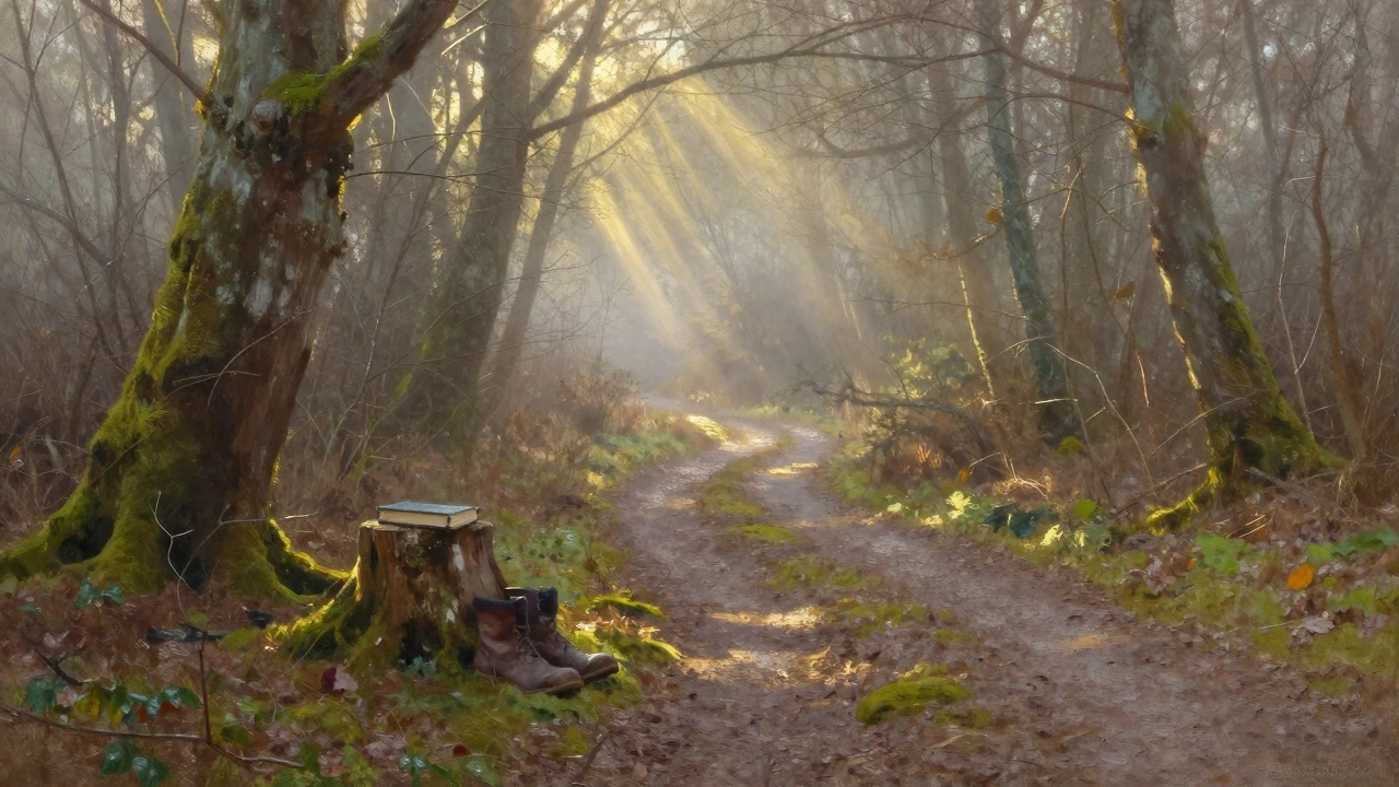Лесная тропа на рассвете, на пне лежит книга, рядом — ботинки, туман и мягкий свет между деревьями.