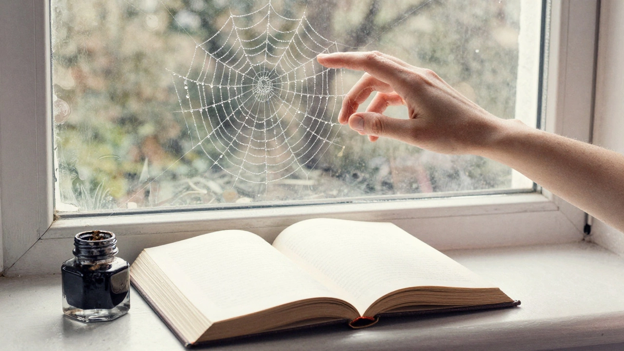 Открытый дневник на подоконнике рядом с чашкой кофе, через окно — паутина с каплями росы, отражающая чувства.