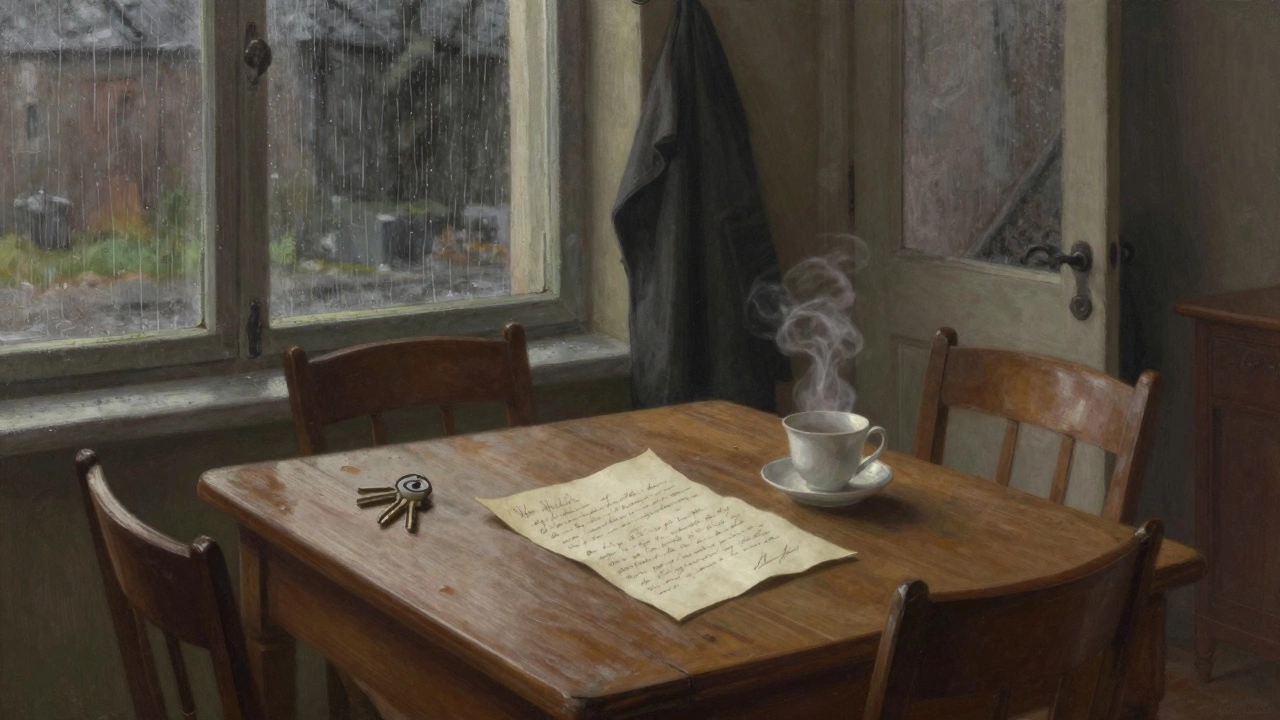 Письмо и ключи на столе, пустые стулья — тишина после ухода.
