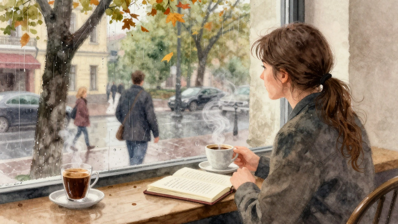 Писатель в московском кафе наблюдает за прохожими, записывая в блокнот вдохновение.