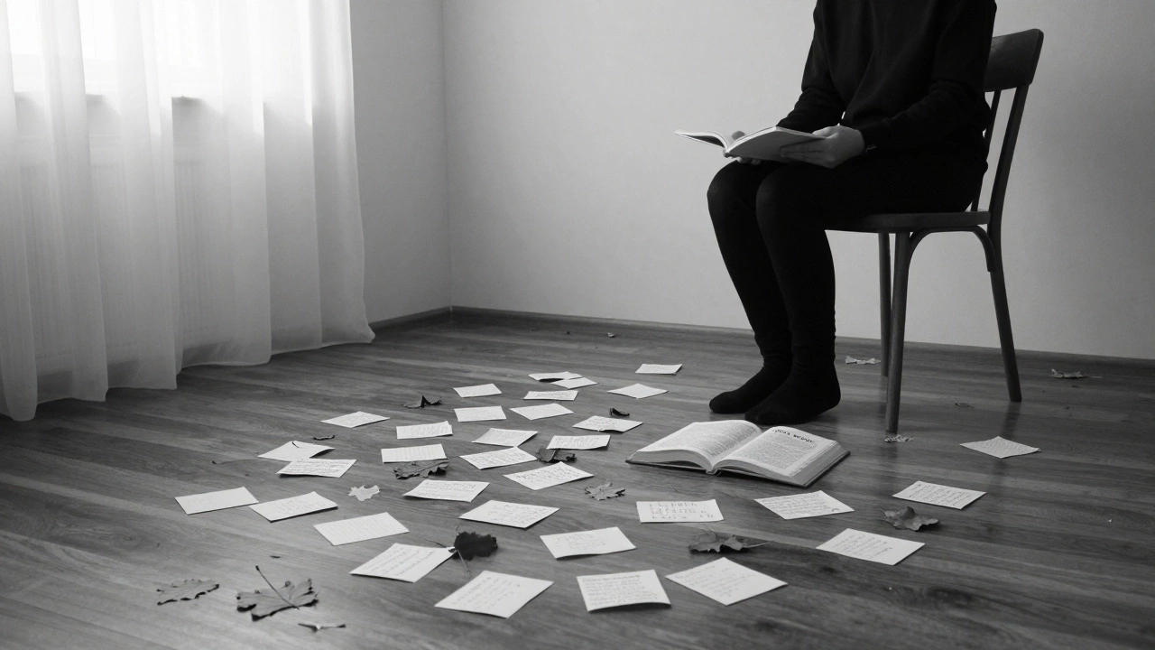 Пустая комната с лежащими на полу рукописными записями, открыта книга 'Мы не ушли'.