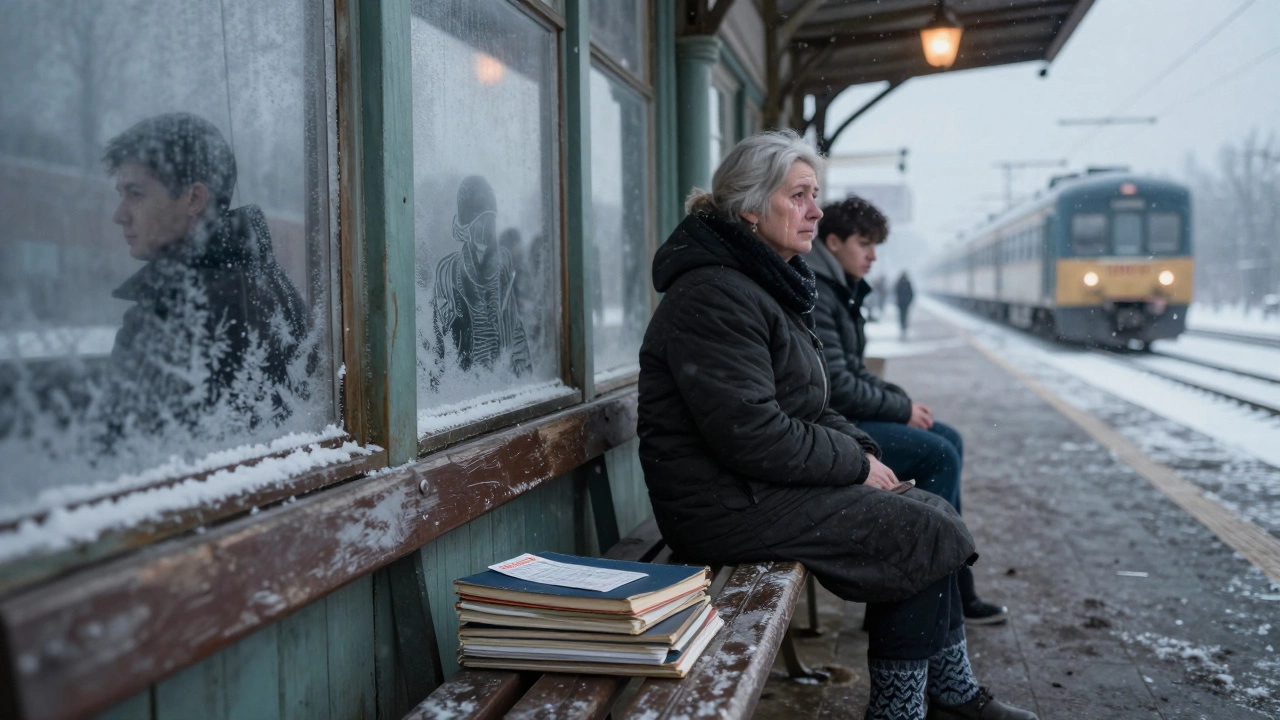 Пустая платформа станции, последний поезд уходит, на скамье — тетради и билет.