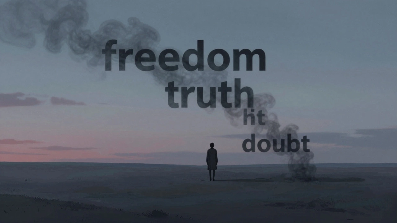 Пустой пейзаж, где исчезающие слова символизируют утрату свободы мысли из '1984'.