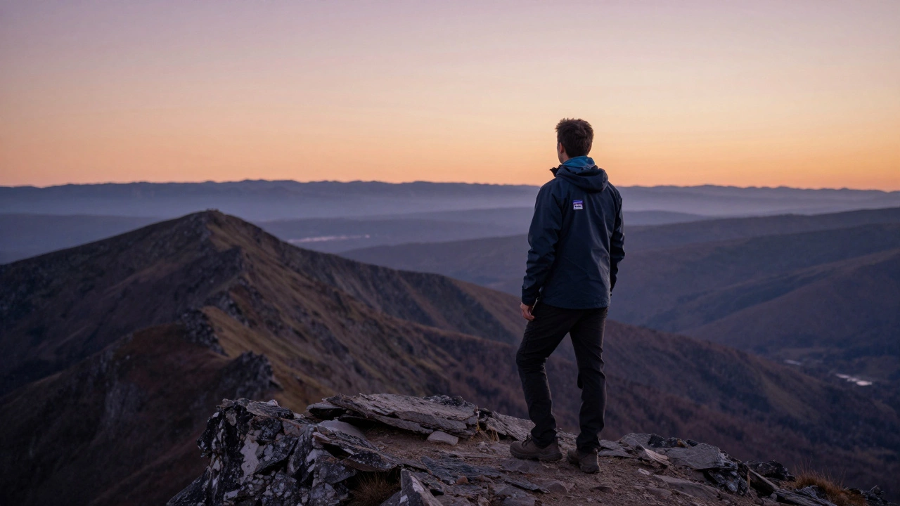 Путешественник на горном хребте смотрит на дикую природу, одетый в куртку, символизирующую защиту окружающей среды.