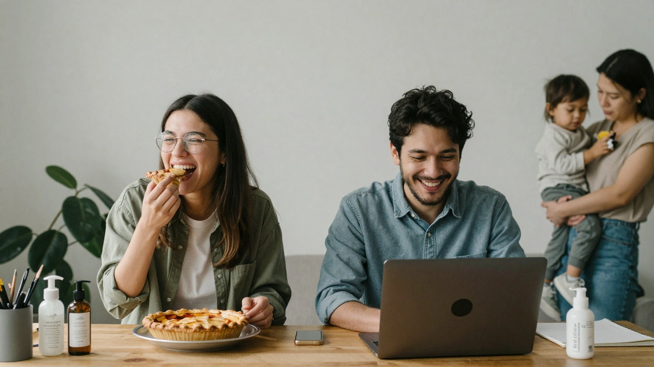 Разные люди в повседневных моментах: смеются за ужином, работают за ноутбуком, ухаживают за кожей — все с искренними эмоциями.