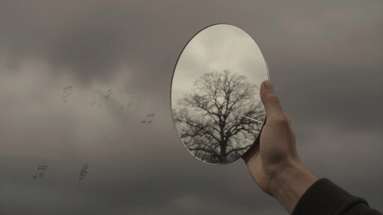 Рука держит треснувшее зеркало, в котором отражается буря и дерево зимой.