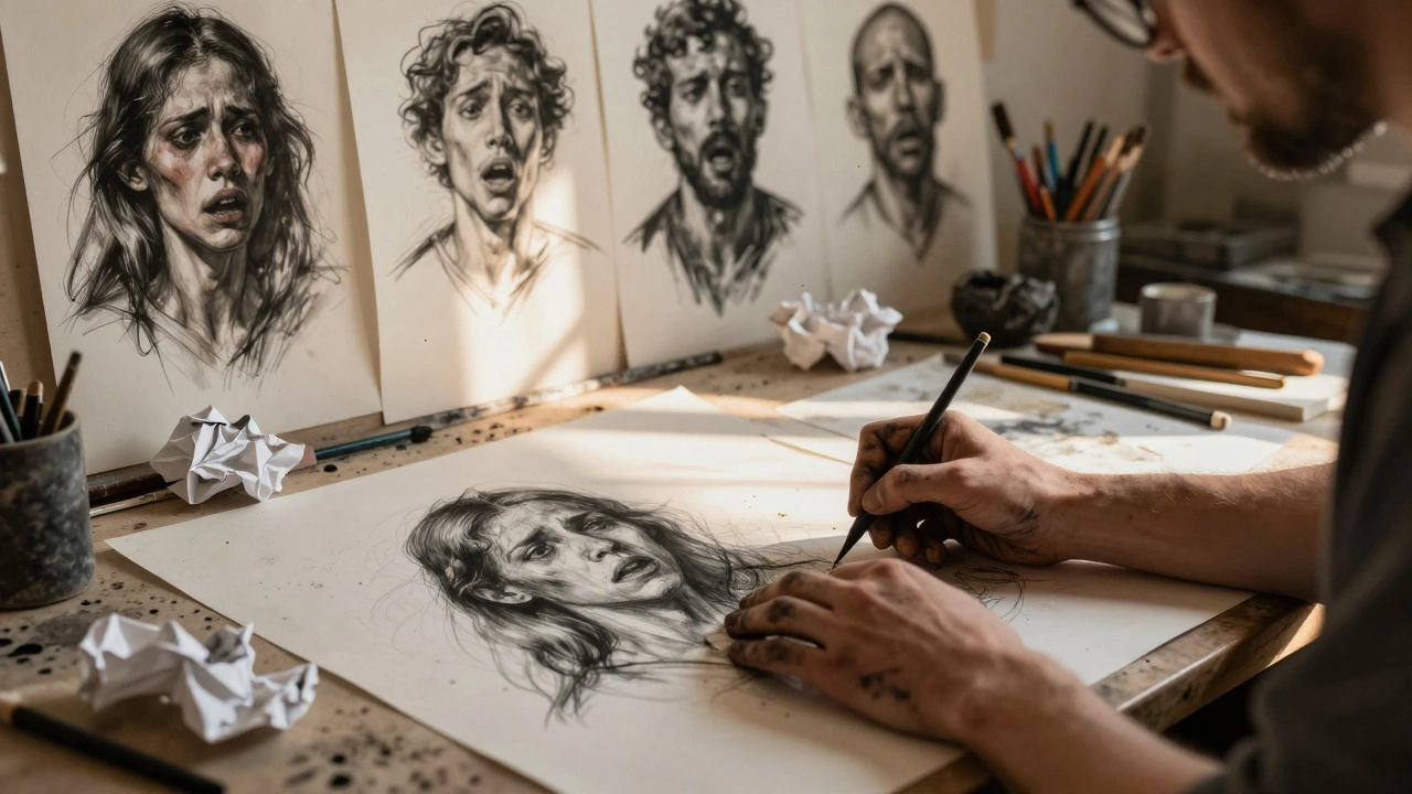 Руки художника рисуют эмоции на бумаге, вокруг — сотни набросков с разными чувствами.