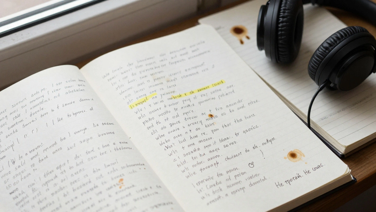 Рукописная страница с исправленными диалогами, рядом — наушники и чашка кофе, символизирующие поиск живой речи.