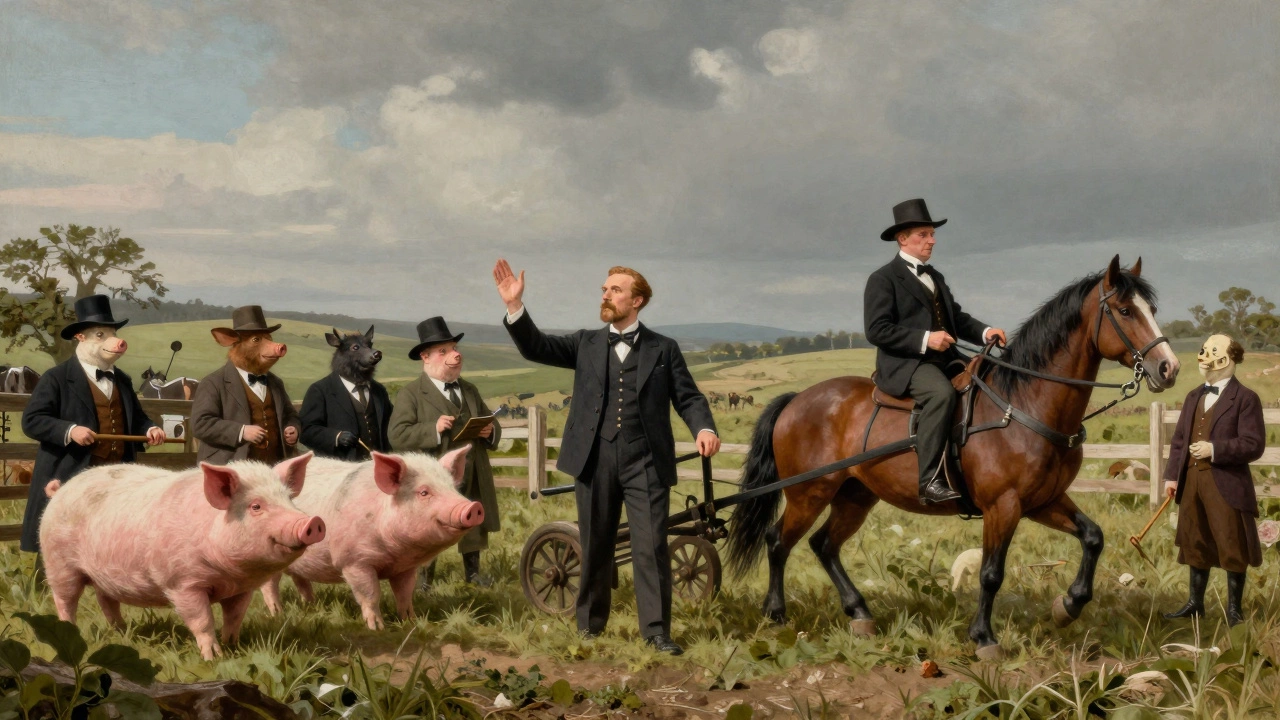 Свиньи в костюмах правят фермой, лошади работают — аллегория власти и угнетения.