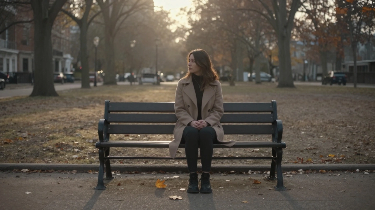 Женщина сидит на скамейке, лист падает рядом, она не шевелится, на закате.