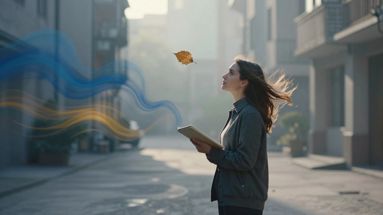 Женщина смотрит на лист в ветре, вокруг неё — цветовые отголоски эмоций на рассвете.