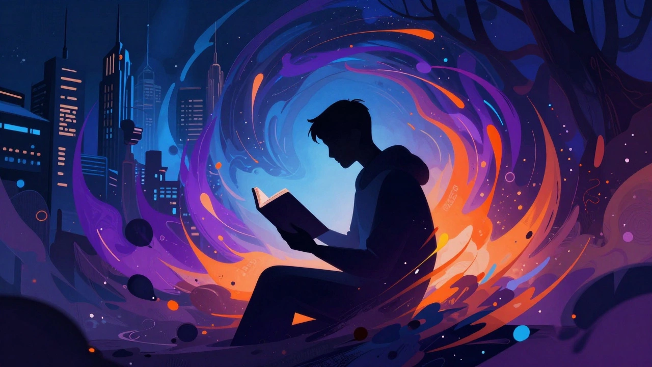 Абстрактное изображение различных жанров книг вокруг читателя.