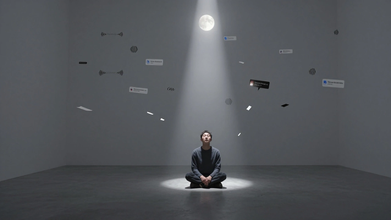 Человек в тишине, вокруг него растворяются уведомления и шум, луч луны освещает лицо.