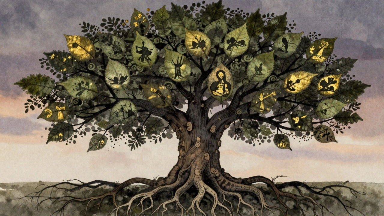 Дерево с корнями-свитками и ветвями, образующими силуэты исторических моментов.