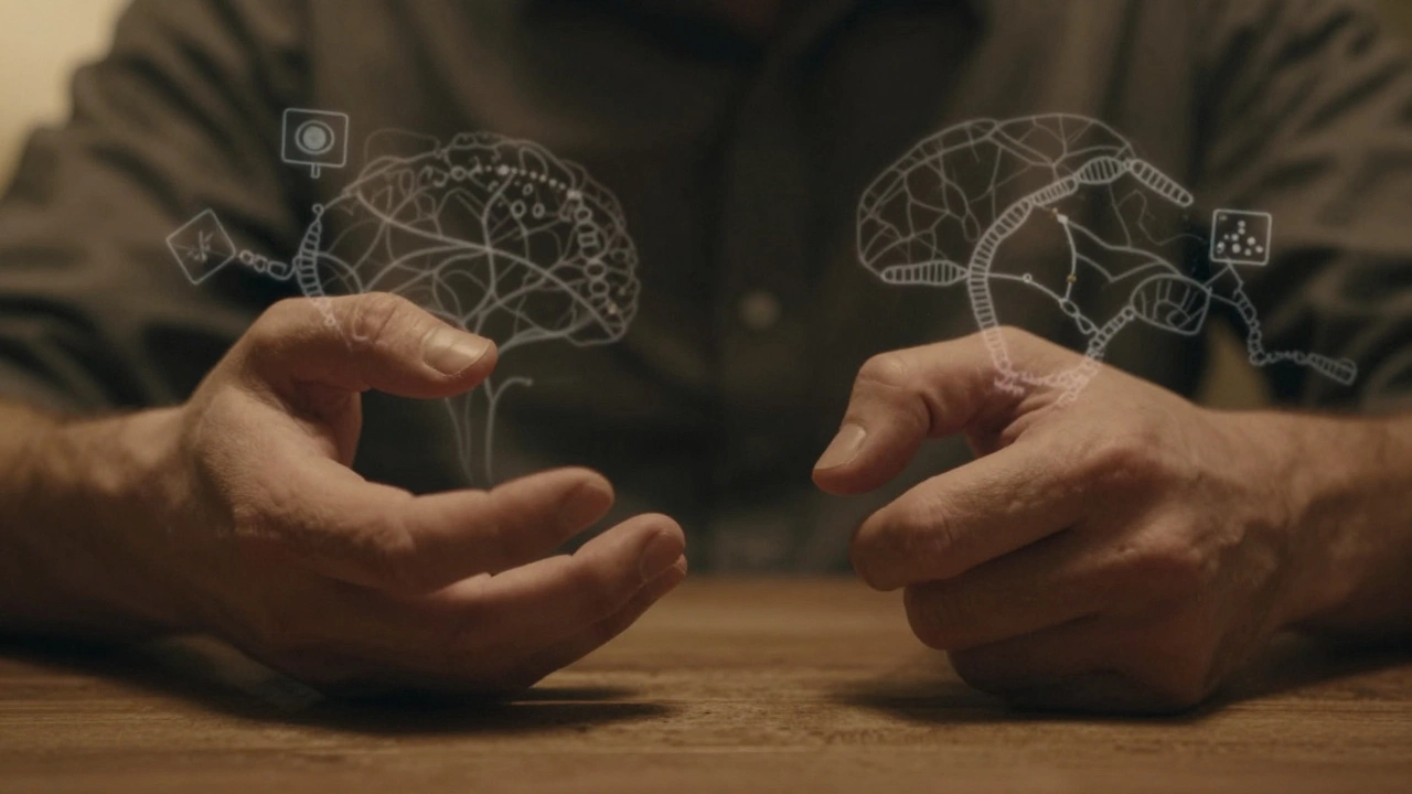 Две руки, одна открыта, другая сжата, с фоном нейронных путей и медиа-символов.