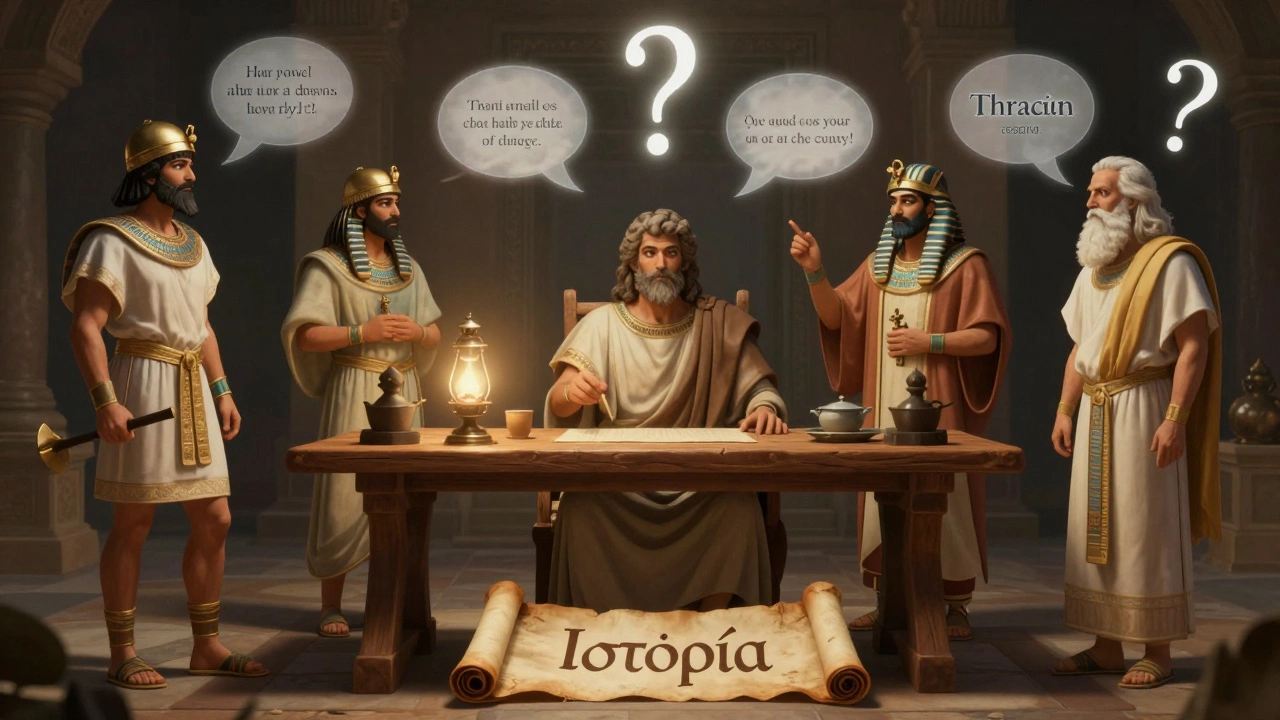 Геродот в центре, окруженный прозрачными голосами разных культур, над его свитком — слово 'Исследование' на греческом.