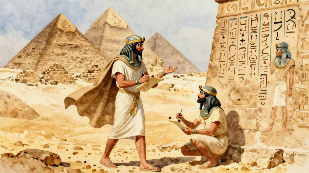 Геродот в Мемфисе рядом с египетским жрецом, пишущий в свитке под пирамидами, ветер поднимает его одежду.