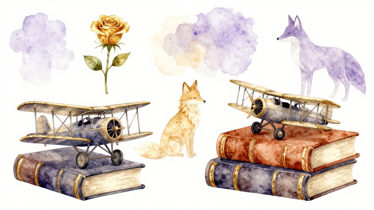 Иллюстрация со стопкой классических книг и сказочными элементами.