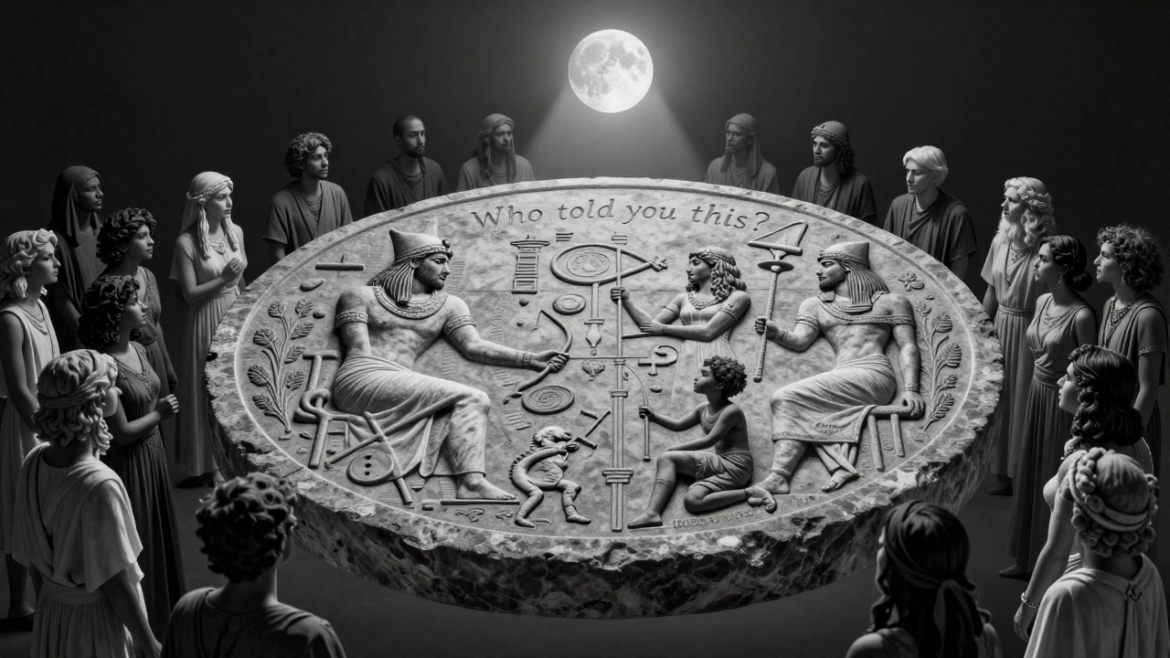 Круглый каменный камень с сценами из древнего мира, вокруг него — толпа, смотрящая на разные части истории.