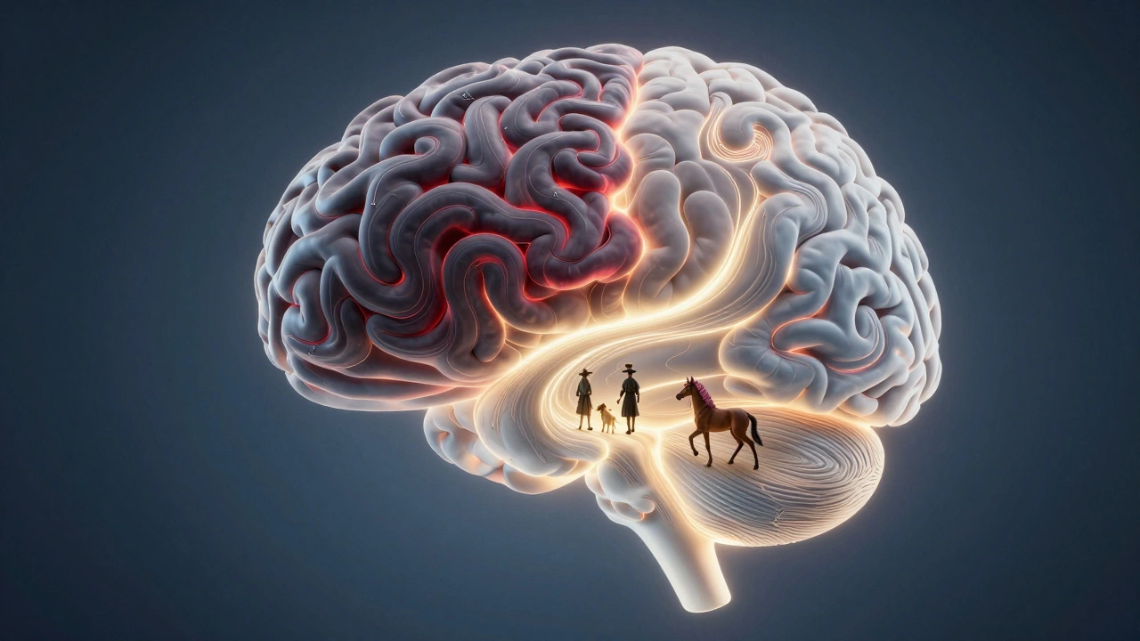 Мозг с двумя состояниями: хаотичные мысли и спокойный сюжет с образами из русских рассказов.