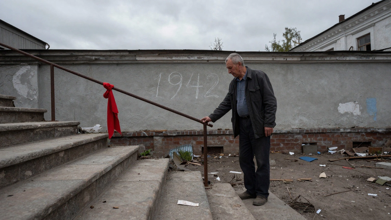 Мужчина прикасается к потёртым ступеням заброшенного двора в Екатеринбурге.