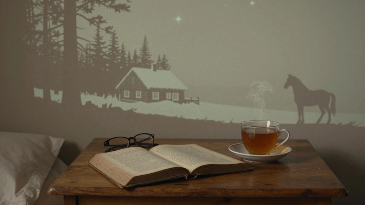 Ночная сцена: книга, очки и чай на тумбочке, на стене — силуэты литературных образов.