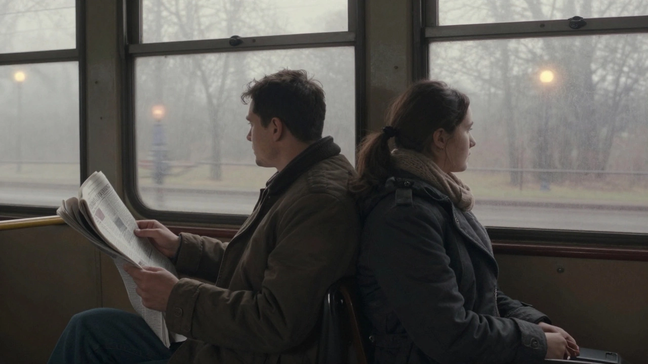 Пассажиры в старом советском трамвае смотрят в окно, не обращая внимания друг на друга.