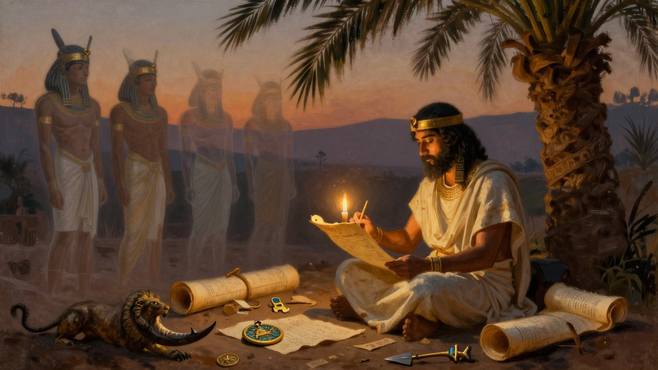 Писец записывает истории под светом свечи, вокруг него — артефакты и призраки древних народов.