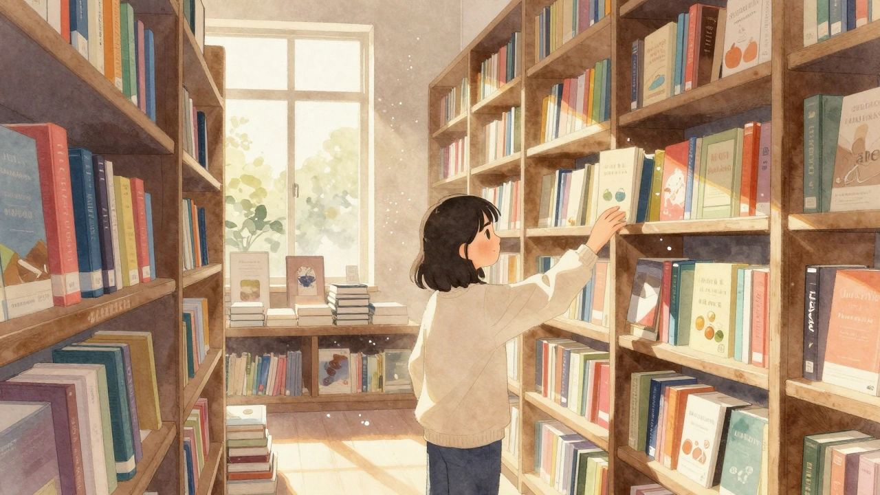 Покупатель выбирает книгу на полке в книжном магазине.