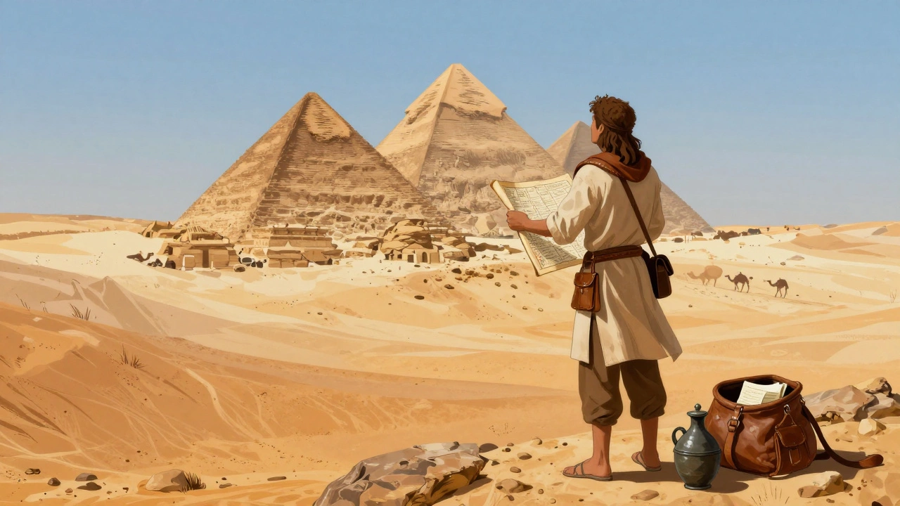 Путешественник смотрит на пирамиды, собирая сведения о древних культурах.