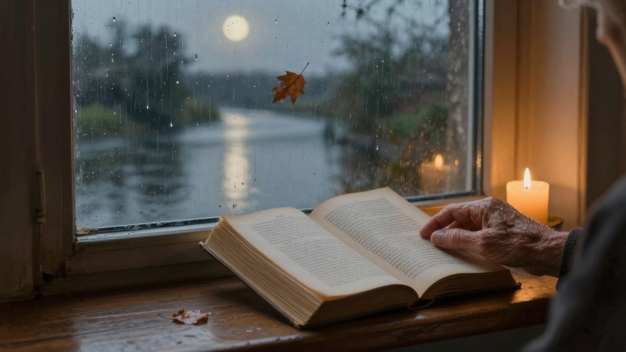 Рука переворачивает страницу книги у окна, за окном — река и луна, мягкий дождь.