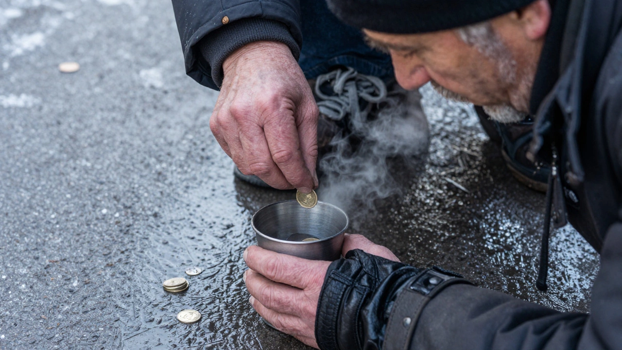 Старик кладёт монету слепому прохожему, не глядя ему в глаза.