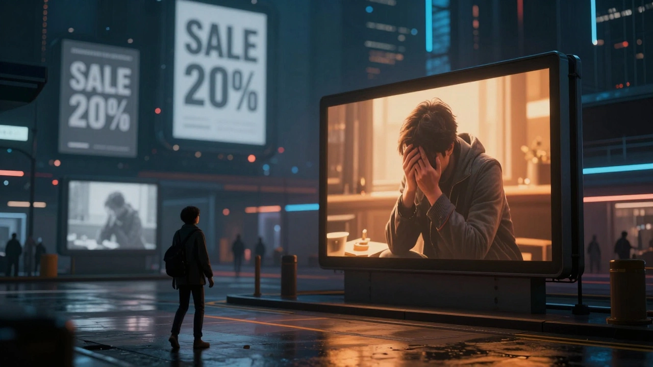 Человек останавливается перед эмоциональной историей среди серых рекламных баннеров